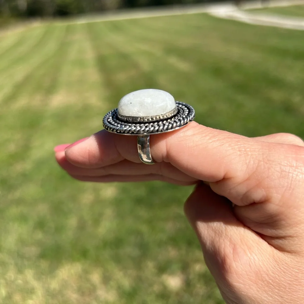 German Silver Ring With Moonstone Size 6/ 1.25‎ Inches Long Braided NWT ornate